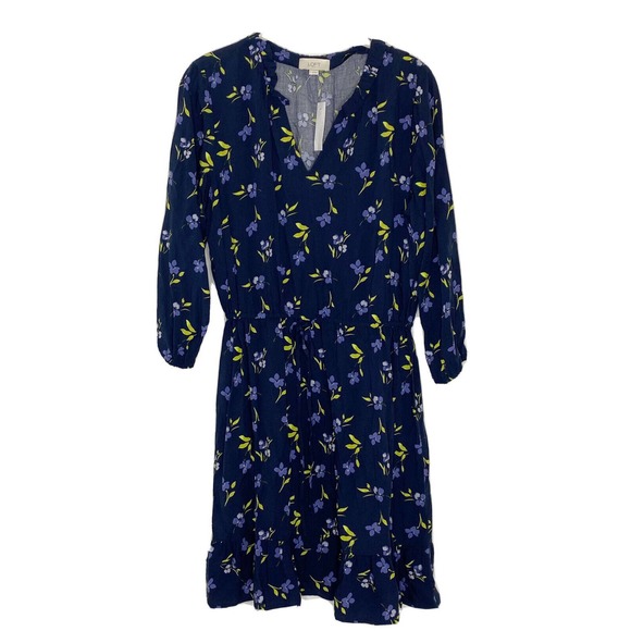 LOFT Dresses & Skirts - Loft Women’s Navy Floral belted Long Sleeve V Neck Elastic Waist Dress Sz S New